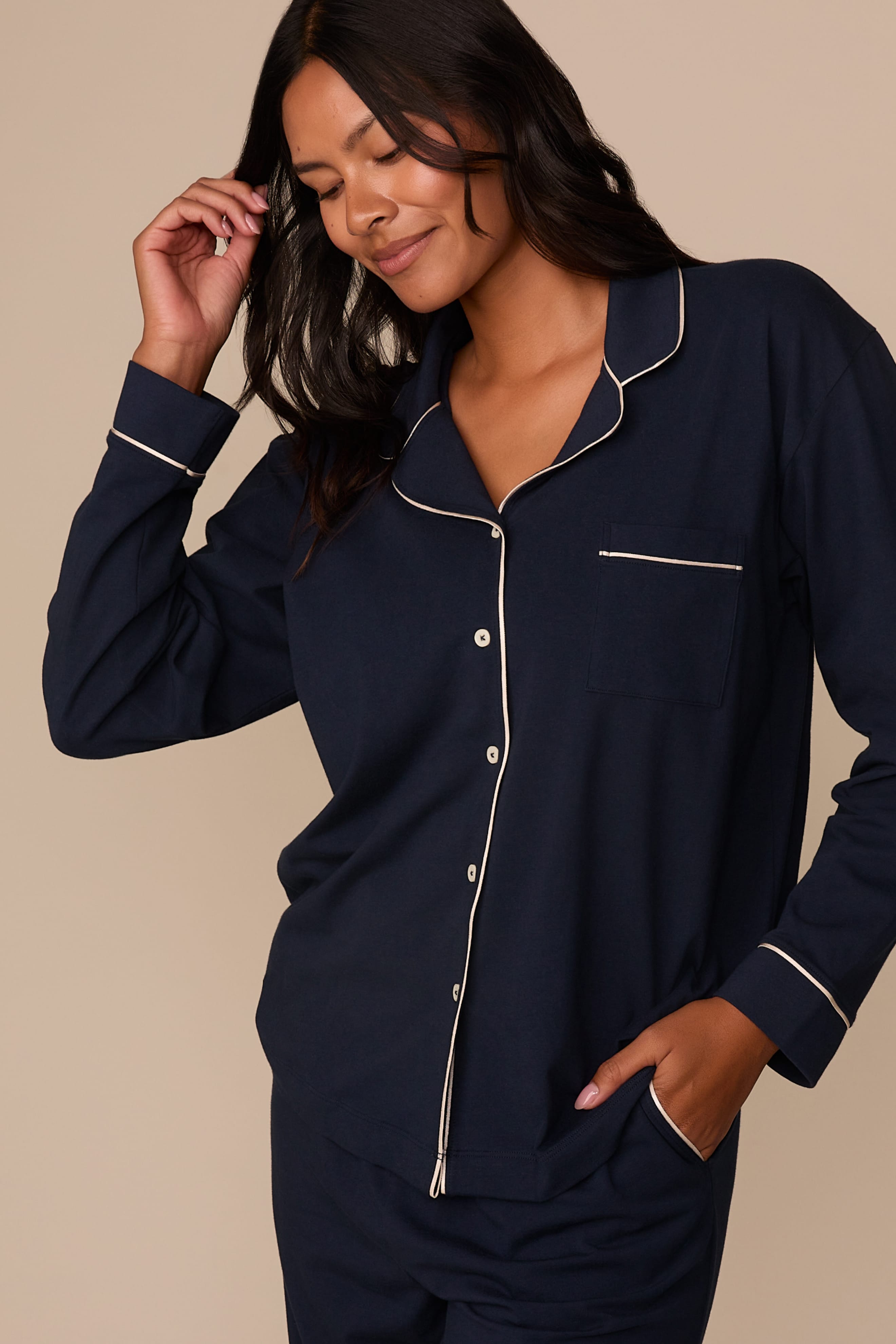 Perfect Pima Long Sleeve Pajama Shirt - Navy