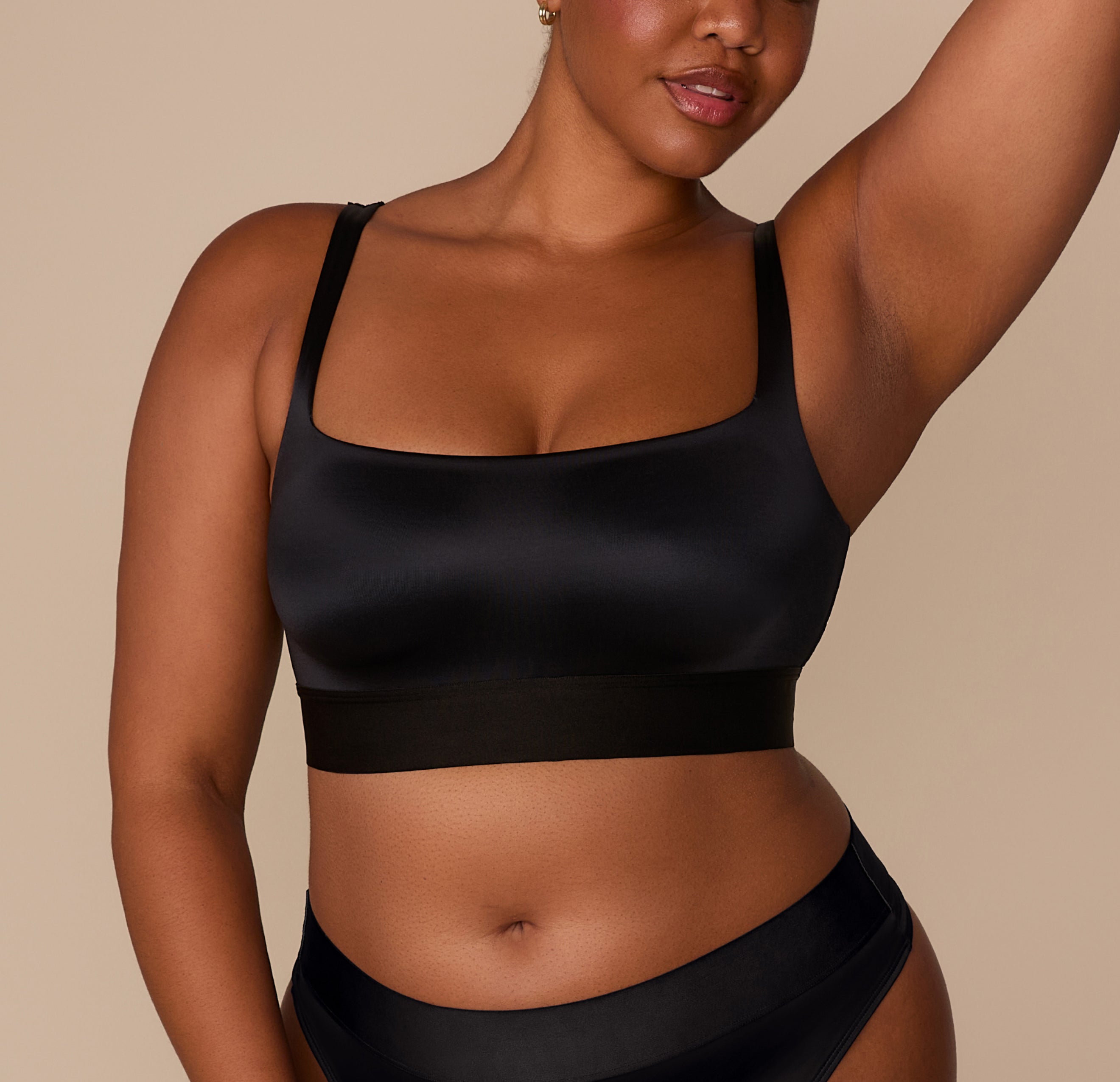 Stretch Satin Square Neck Bralette - Black