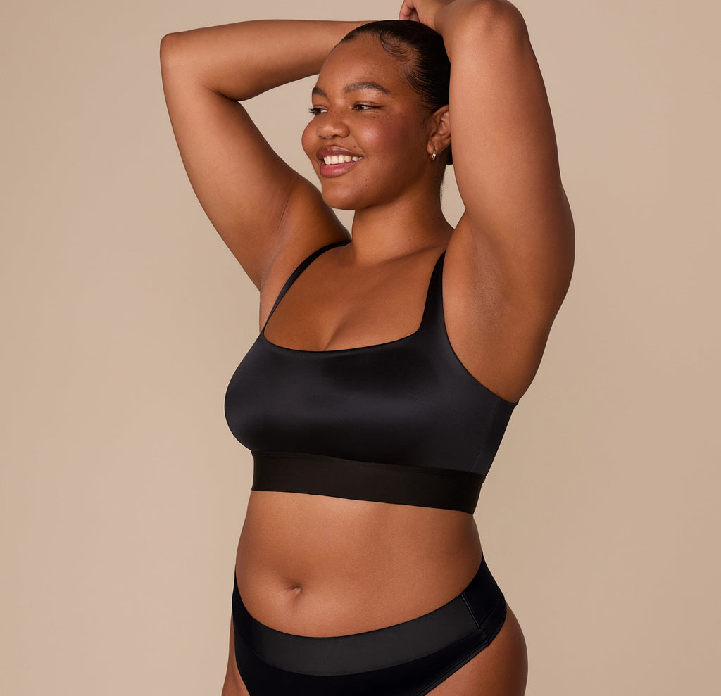 Stretch Satin Square Neck Bralette - Black