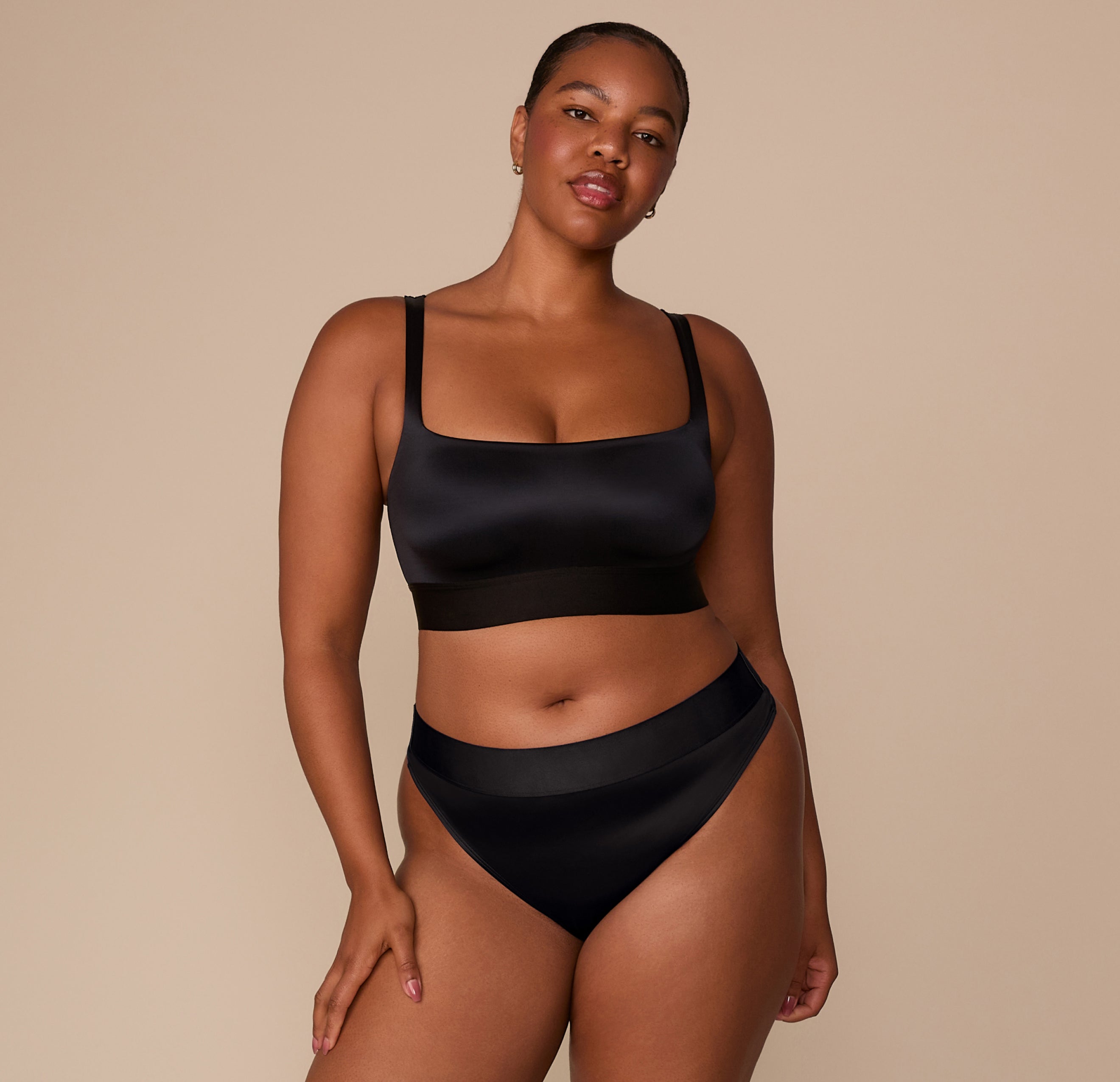 Stretch Satin Square Neck Bralette - Black